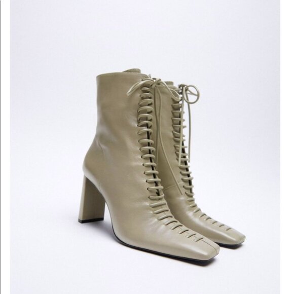 Zara Block Heel Gray Lace-Up Ankle Square Toe Sheepskin Boots - Picture 8 of 15